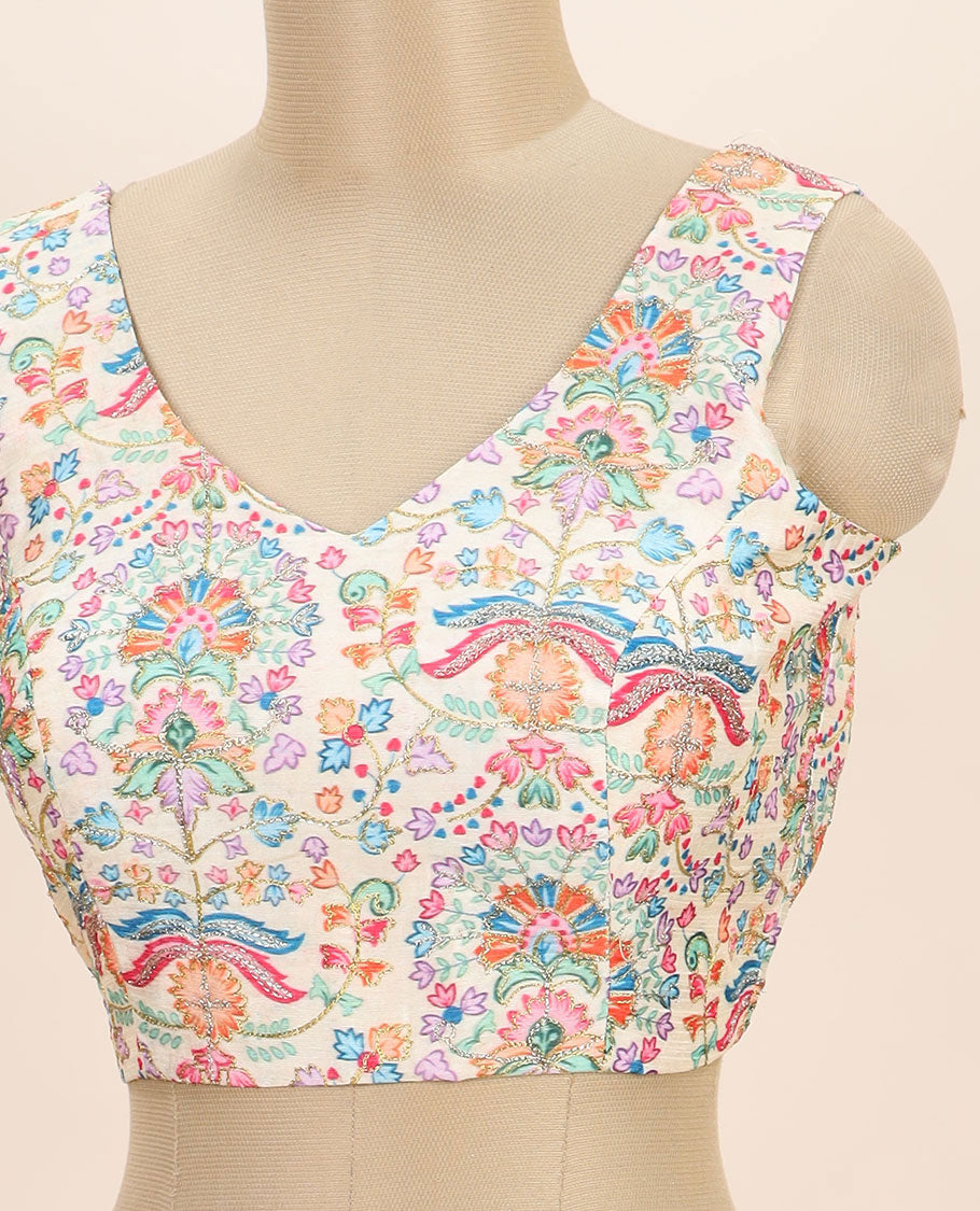 Cream intricate floral printed with thread embroidered front and back v-neck sleeveless readymade blouse