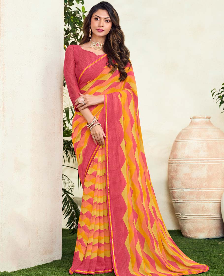 Multi-color triangle patterns printed casual wear catalog saree, lace border