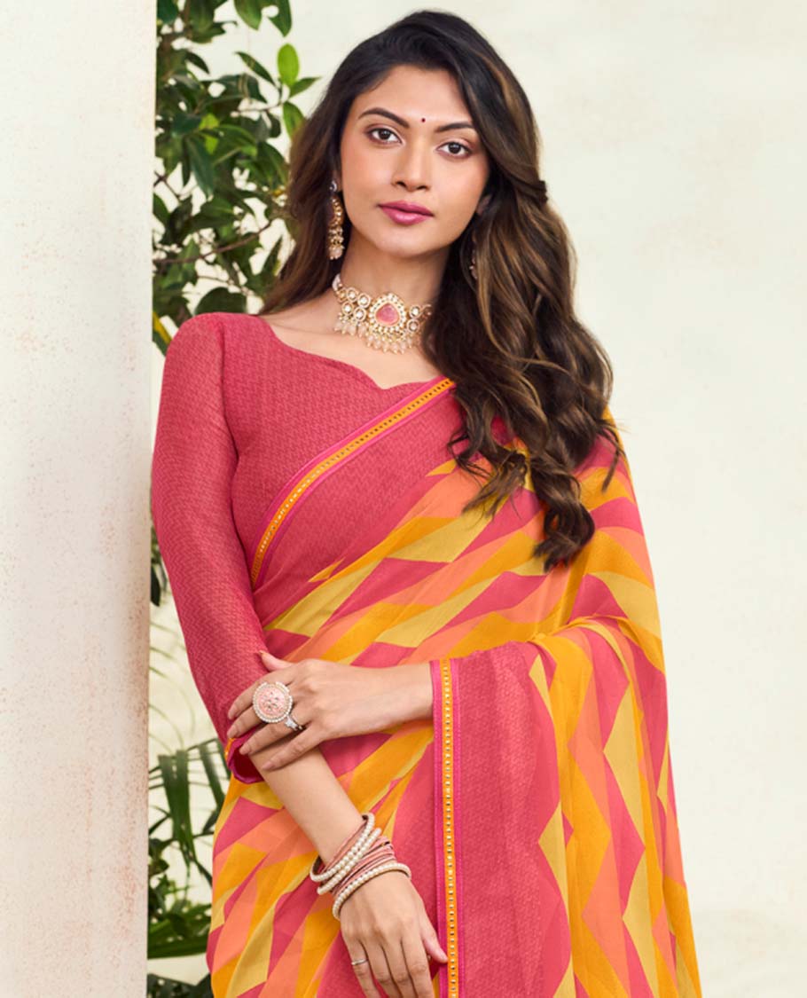 Multi-color triangle patterns printed casual wear catalog saree, lace border