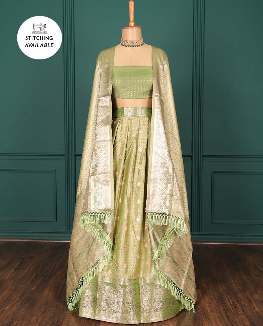 Green zari buttas art silk half saree, traditional patterned border, zari design blouse & intricate dupatta