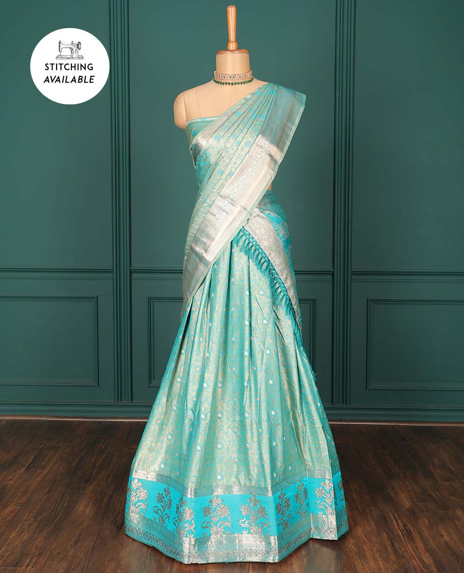 Blue zari buttas art silk half saree, traditional patterned border, zari design blouse & intricate dupatta