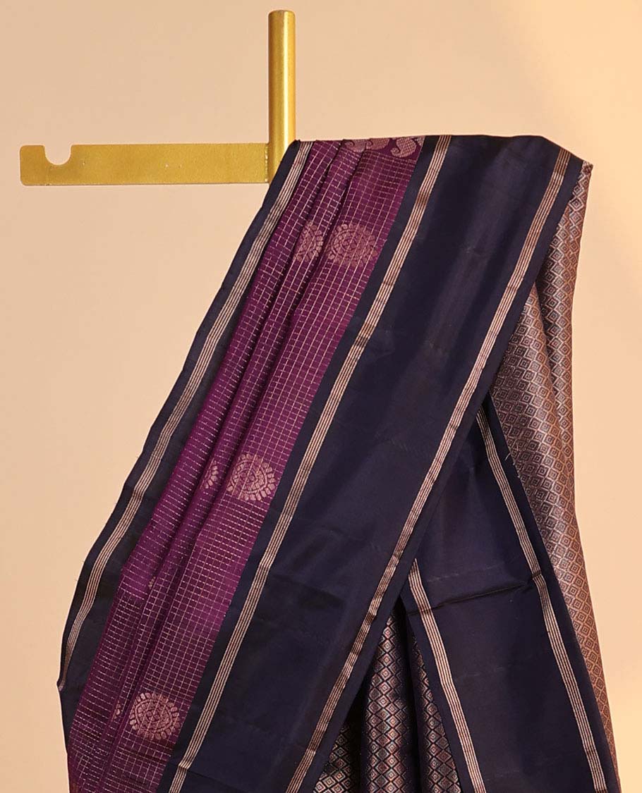 Purple zari checked silksaree with chakram buttas, contrast jaal pallu & rettai pettu striped border