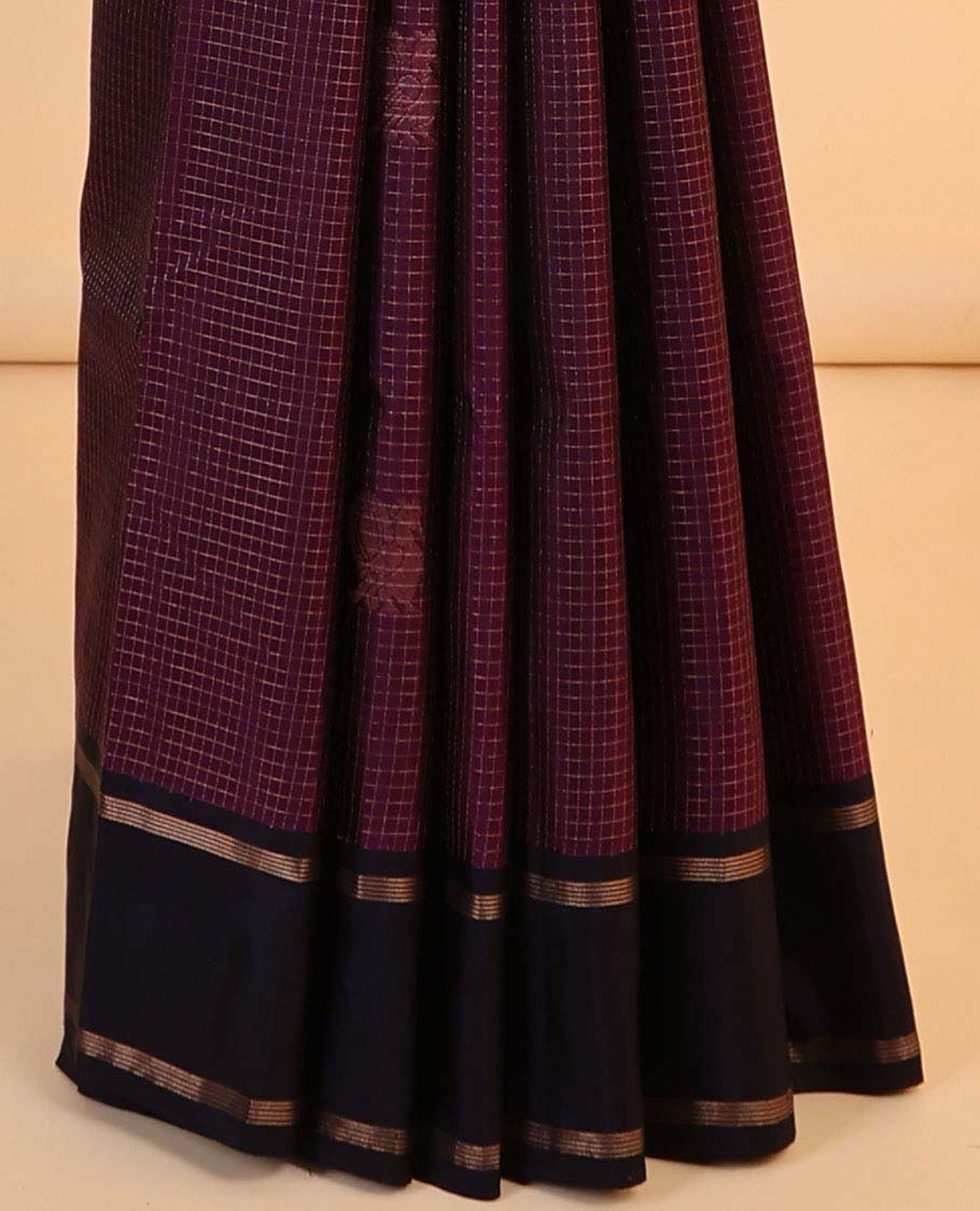 Purple zari checked silksaree with chakram buttas, contrast jaal pallu & rettai pettu striped border