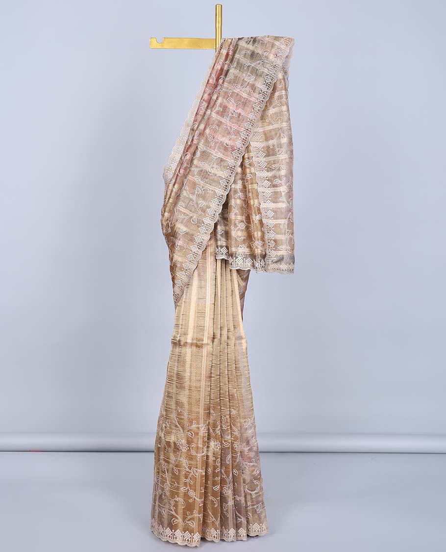 Gold floral vine embroidered semi-banaras tissue saree, scallop embroidered border & embroidered pallu
