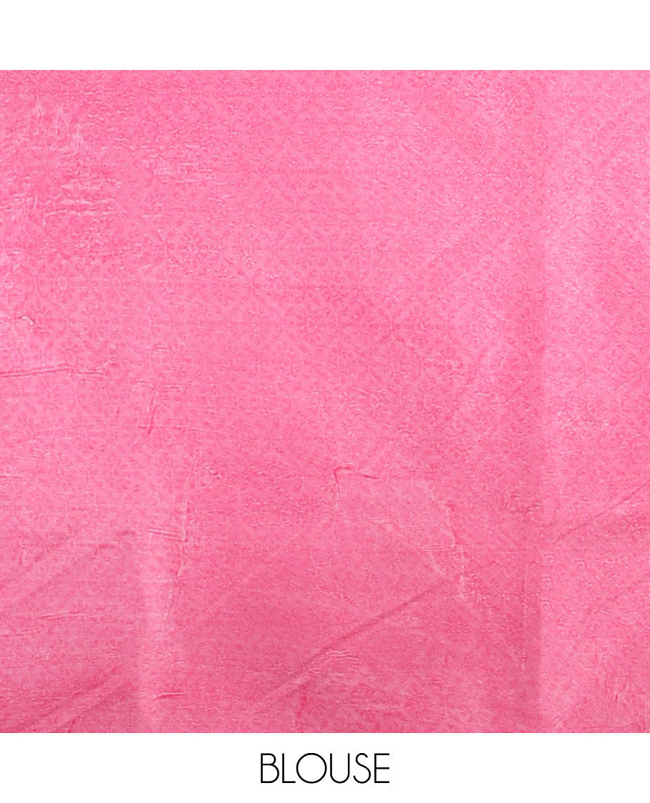 Pink floral printed semi-banaras printed saree, contrast floral printed border & intricate floral pallu