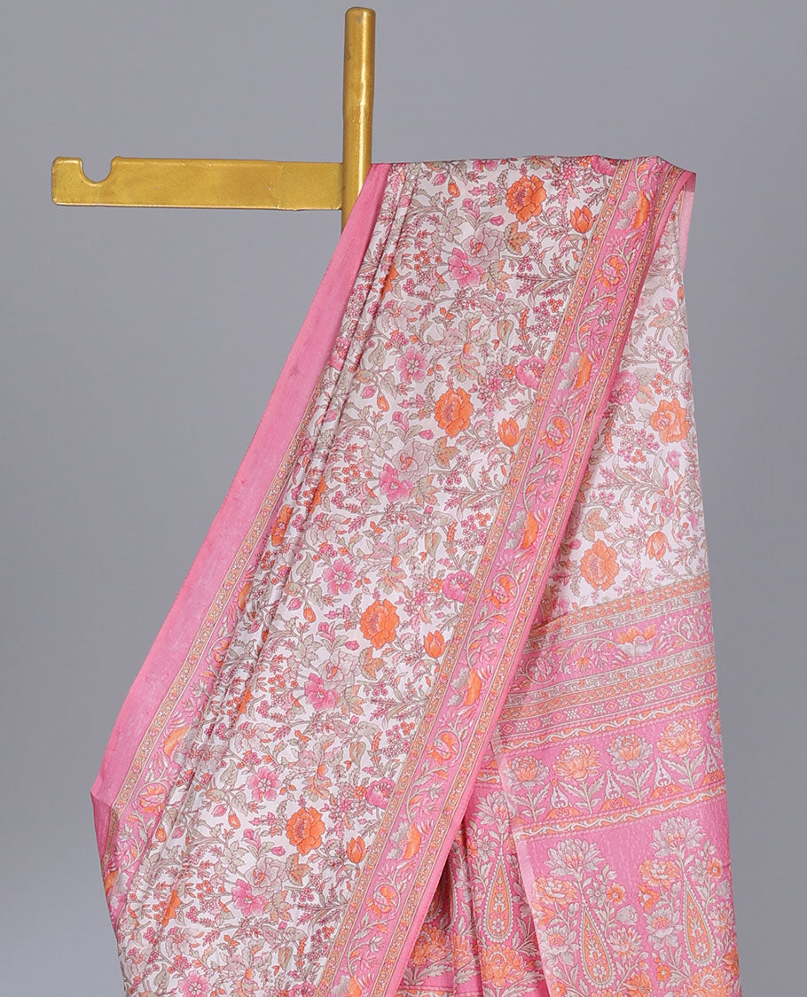 Pink floral printed semi-banaras printed saree, contrast floral printed border & intricate floral pallu