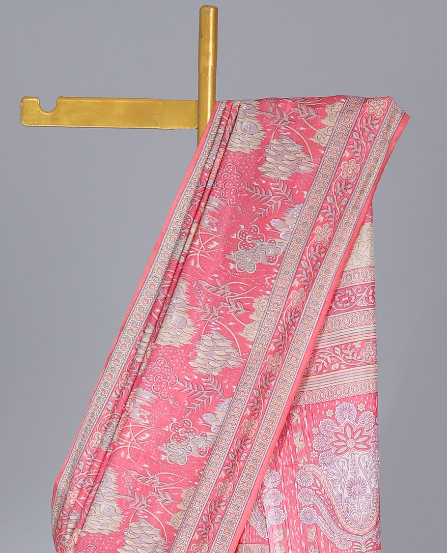 Pink tropical floral printed semi-banaras printed saree, floral printed border & intricately printed pallu