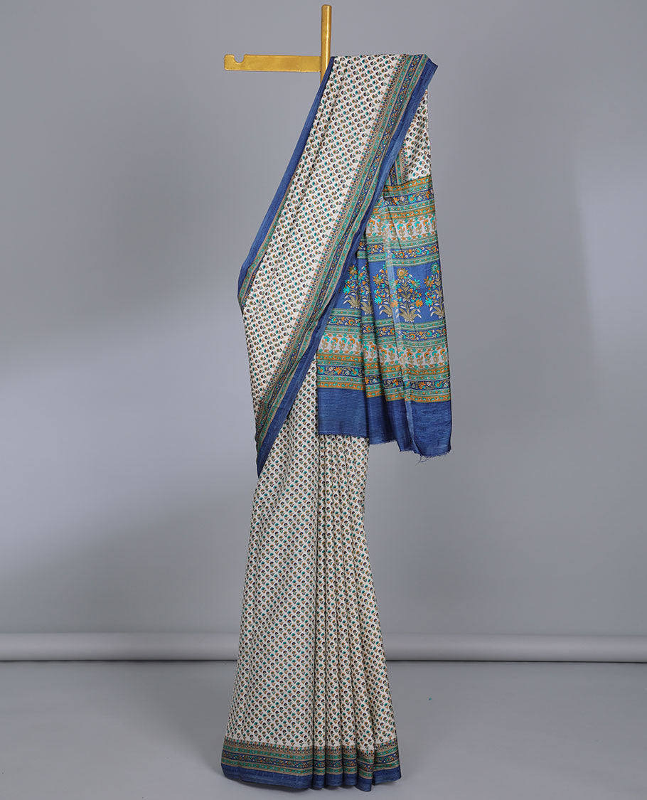 Off-white floral motifs semi-banaras printed saree, contrast floral printed border & intricately floral printed pallu