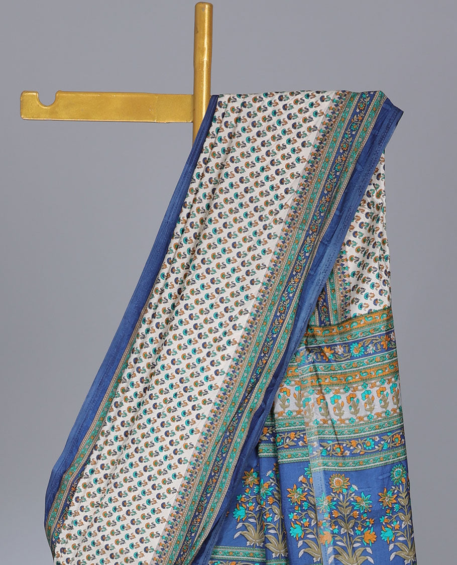 Off-white floral motifs semi-banaras printed saree, contrast floral printed border & intricately floral printed pallu