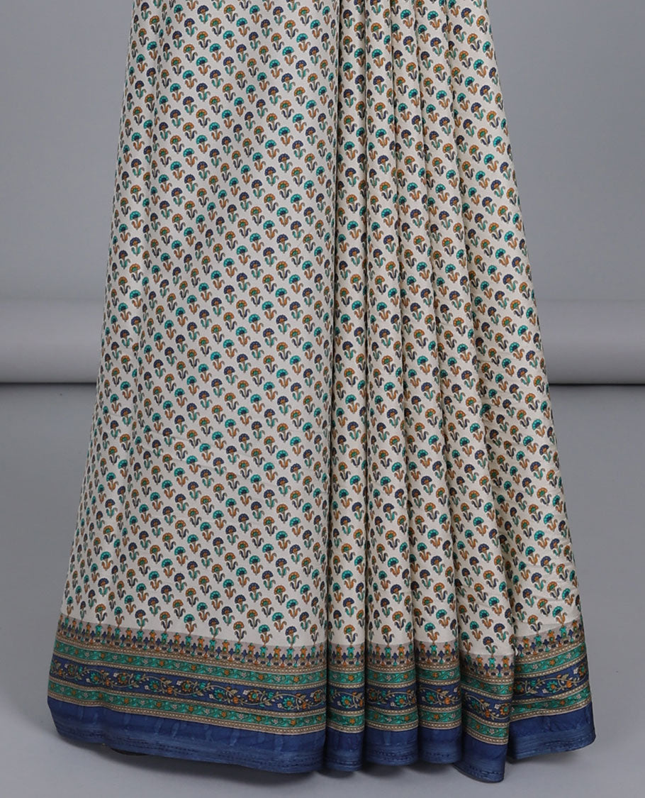 Off-white floral motifs semi-banaras printed saree, contrast floral printed border & intricately floral printed pallu