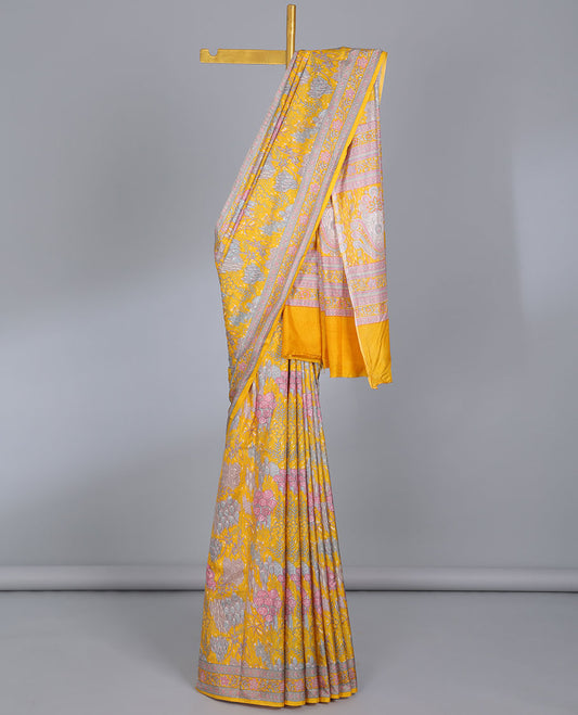 Yellow tropical floral printed semi-banaras printed saree, floral printed border & intricately printed pallu