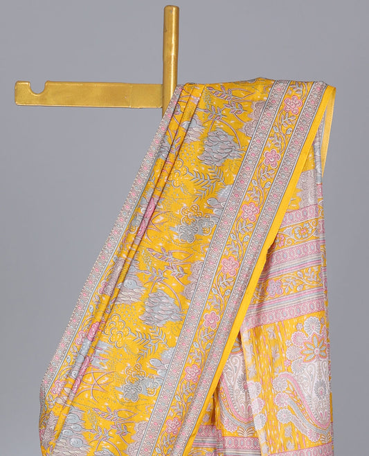 Yellow tropical floral printed semi-banaras printed saree, floral printed border & intricately printed pallu
