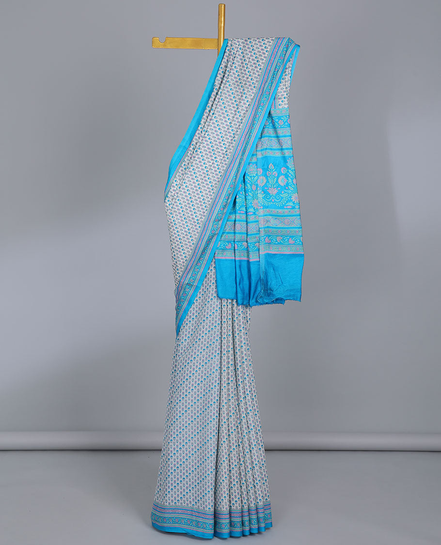 Off-white floral motifs semi-banaras printed saree, contrast floral printed border & intricately floral printed pallu