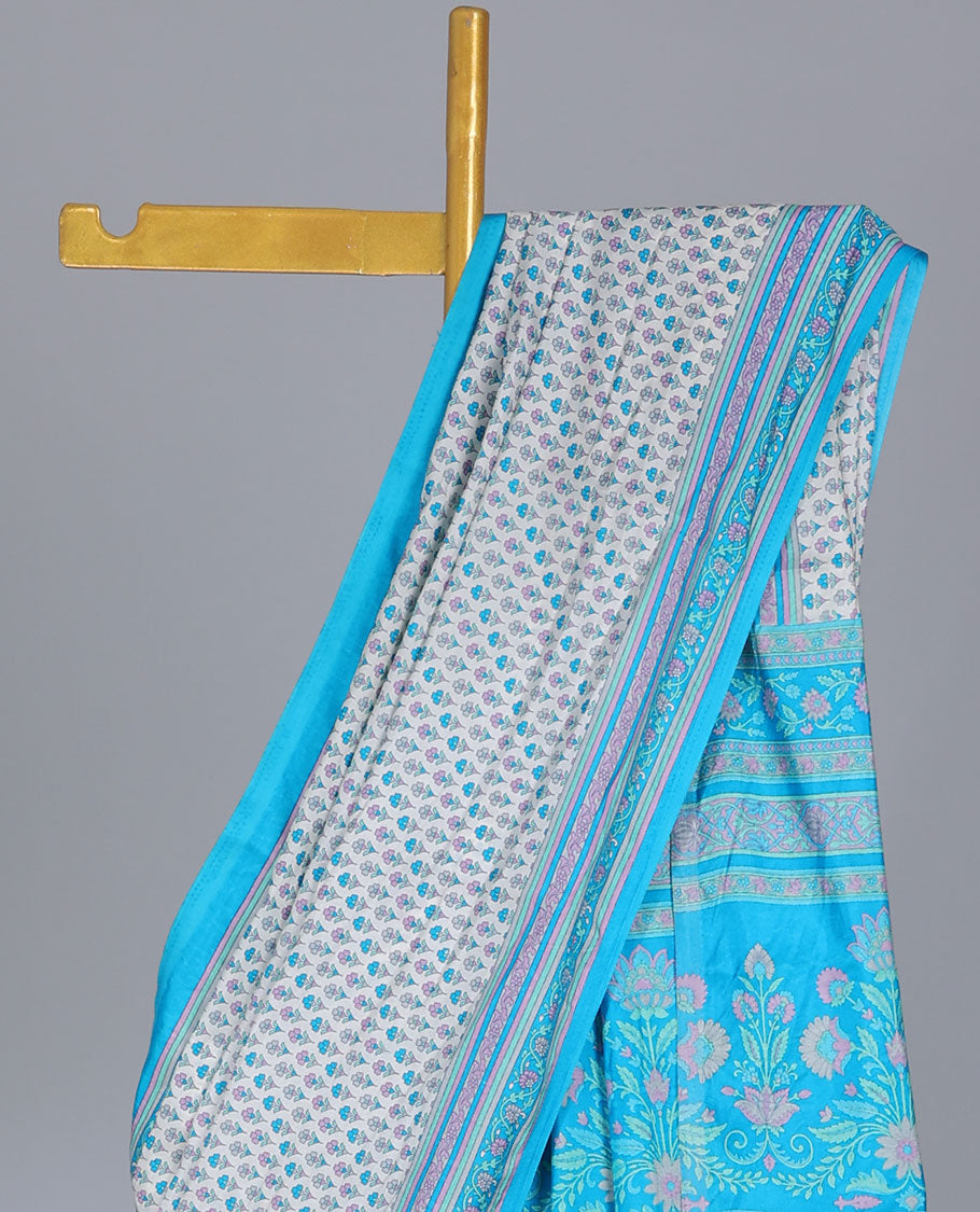 Off-white floral motifs semi-banaras printed saree, contrast floral printed border & intricately floral printed pallu