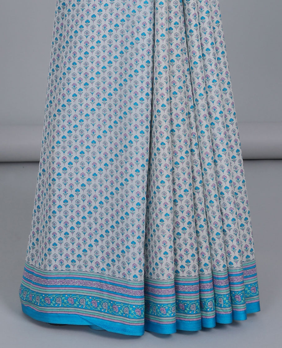 Off-white floral motifs semi-banaras printed saree, contrast floral printed border & intricately floral printed pallu
