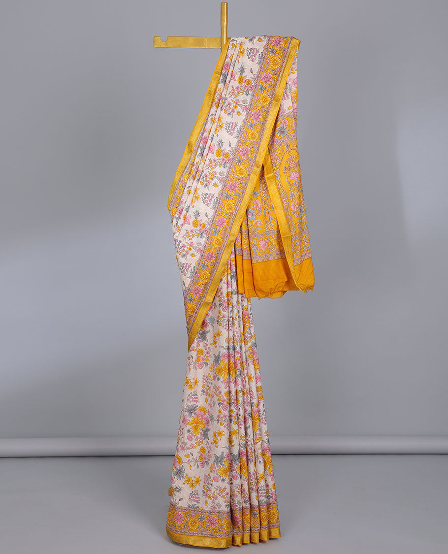 Off-white floral motifs semi-banaras printed saree, contrast floral printed border & pallu of floral print