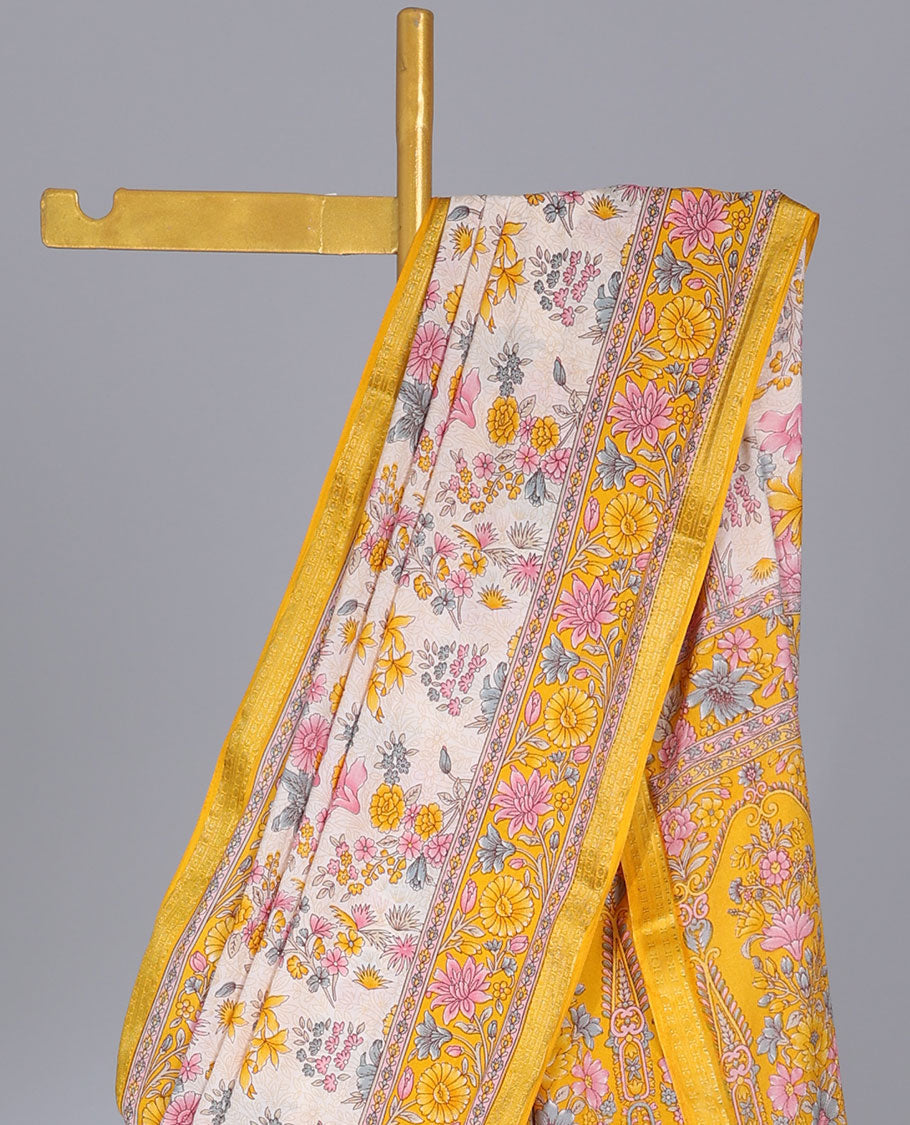 Off-white floral motifs semi-banaras printed saree, contrast floral printed border & pallu of floral print
