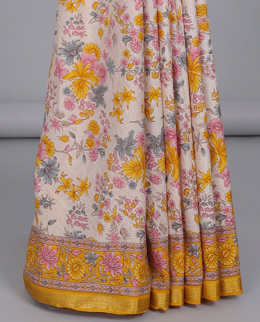 Off-white floral motifs semi-banaras printed saree, contrast floral printed border & pallu of floral print