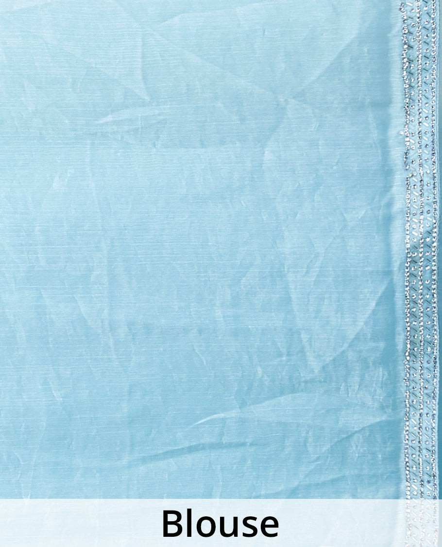 Blue rose flowers stone embroidered Jimmy Choo designer saree, stone embroidered border