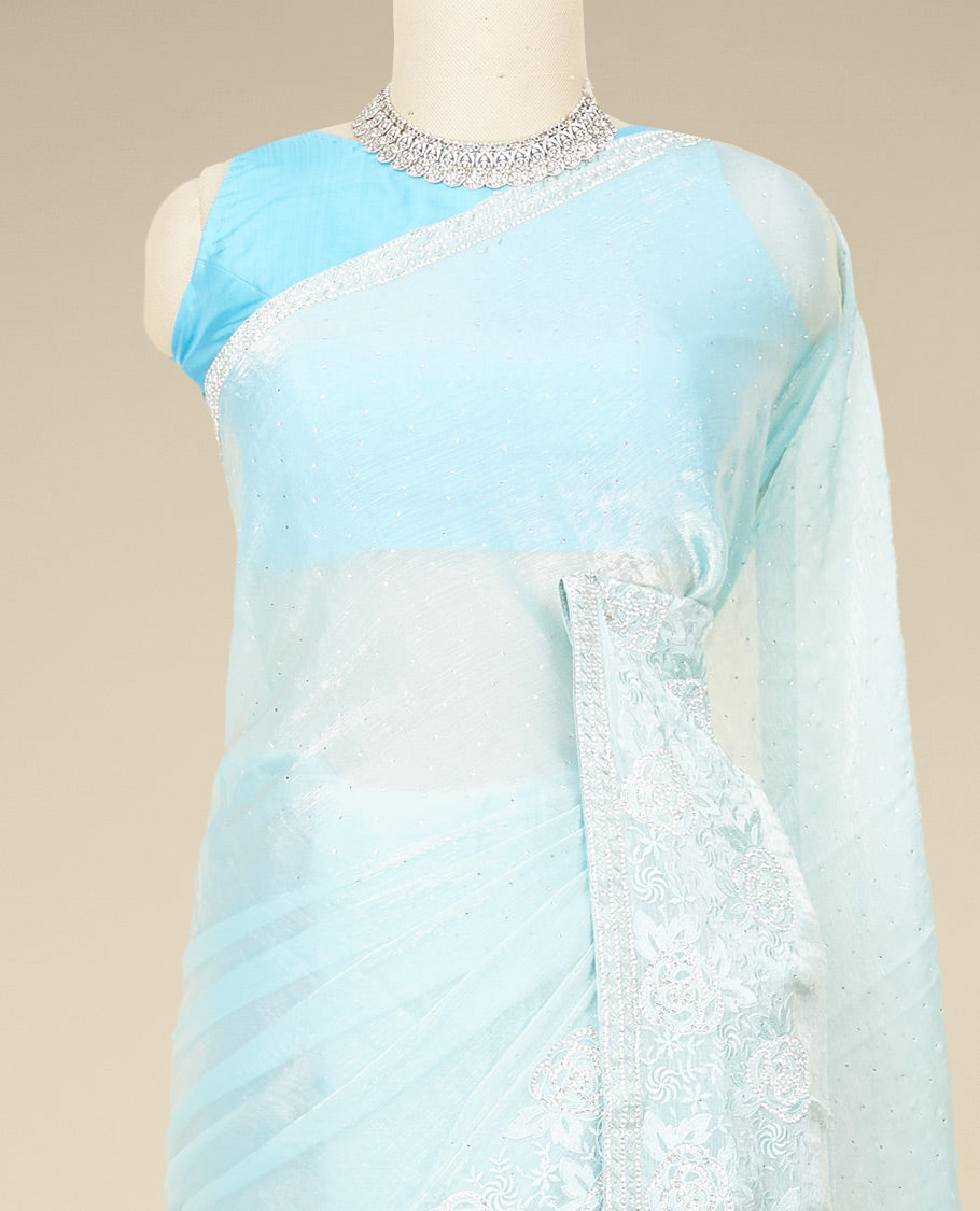 Blue rose flowers stone embroidered Jimmy Choo designer saree, stone embroidered border