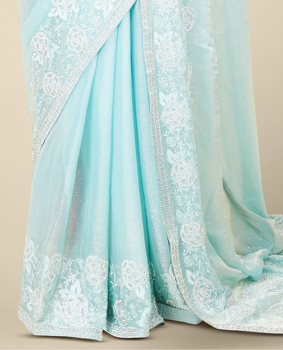 Blue rose flowers stone embroidered Jimmy Choo designer saree, stone embroidered border