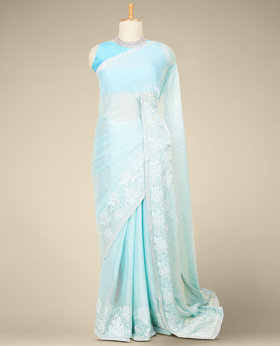 Blue rose flowers stone embroidered Jimmy Choo designer saree, stone embroidered border