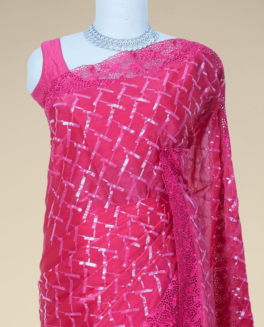 Pink geometric design sequins embroidered jimmy choo designer saree, scallop cut embroidered border