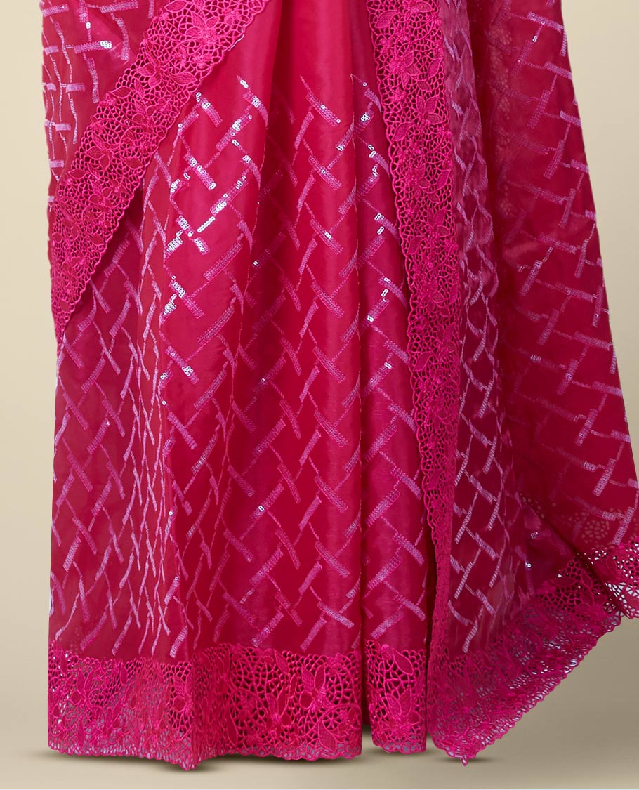 Pink geometric design sequins embroidered jimmy choo designer saree, scallop cut embroidered border