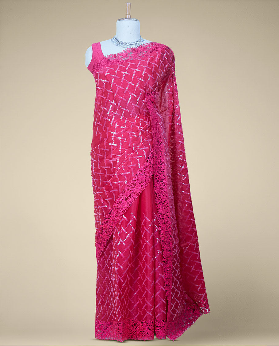 Pink geometric design sequins embroidered jimmy choo designer saree, scallop cut embroidered border