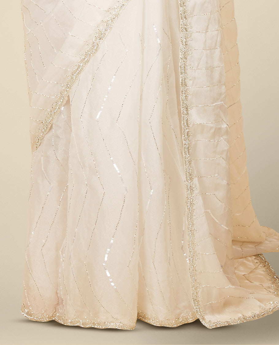 Cream sequins embroidered jimmy choo designer saree, scallop stone embroidered border
