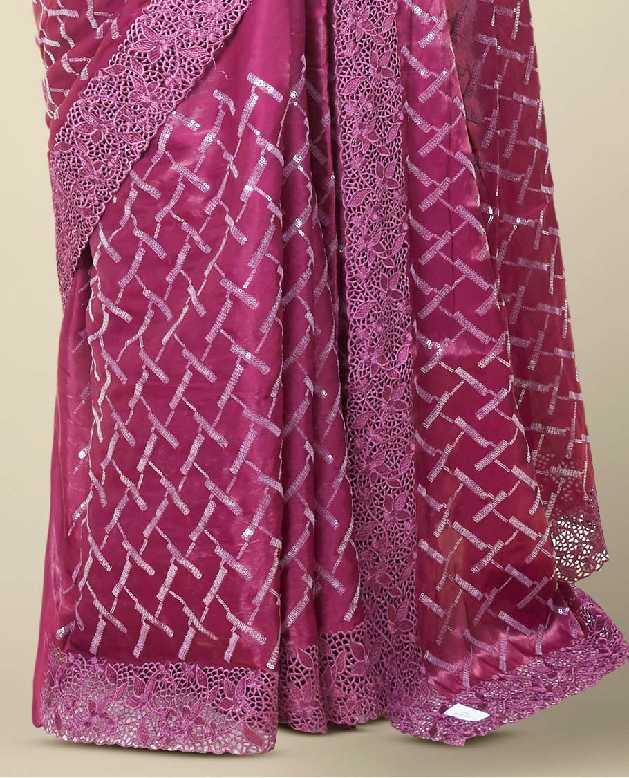 Purple geometric design sequins embroidered jimmy choo designer saree, scallop cut embroidered border
