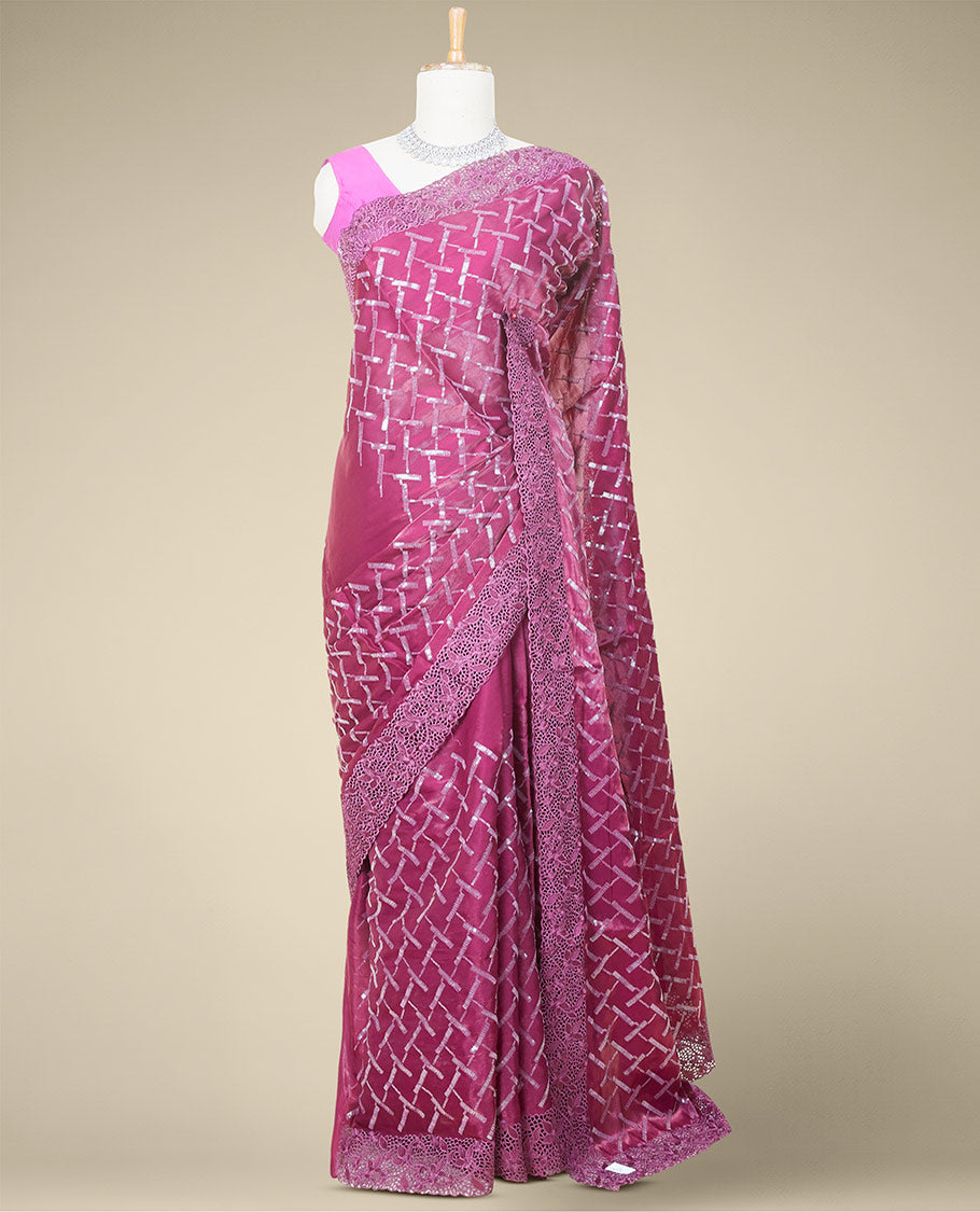 Purple geometric design sequins embroidered jimmy choo designer saree, scallop cut embroidered border