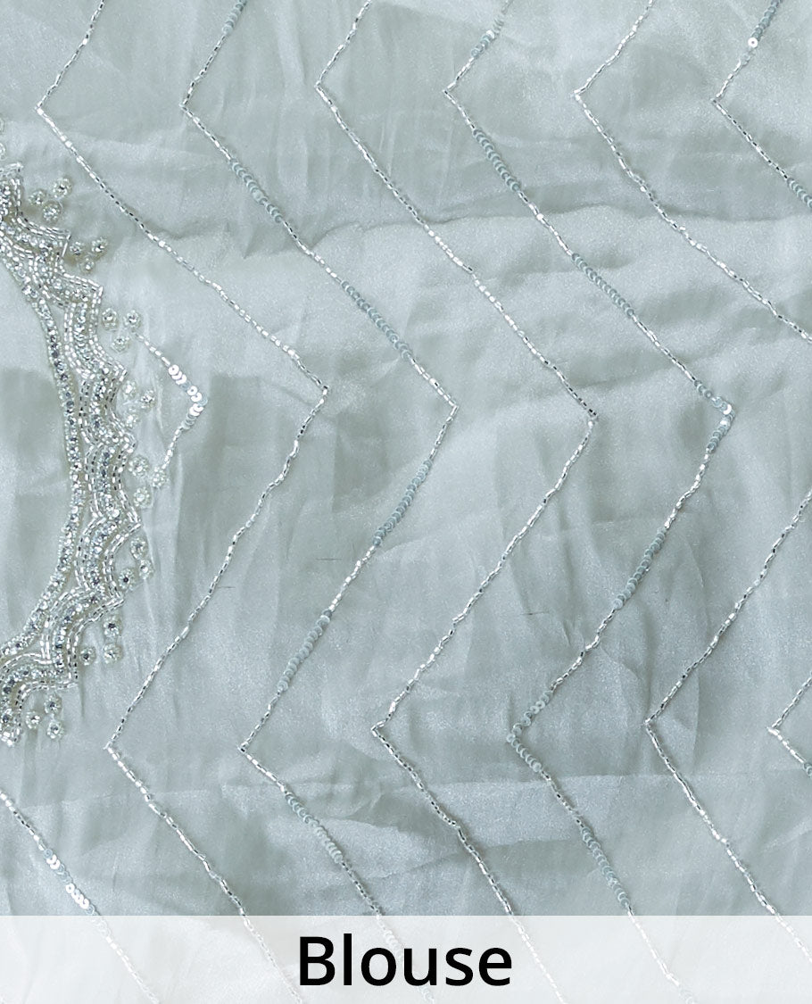 Blue sequins embroidered stripes motifs Jimmy Choo designer saree, scallop stone embroidered border