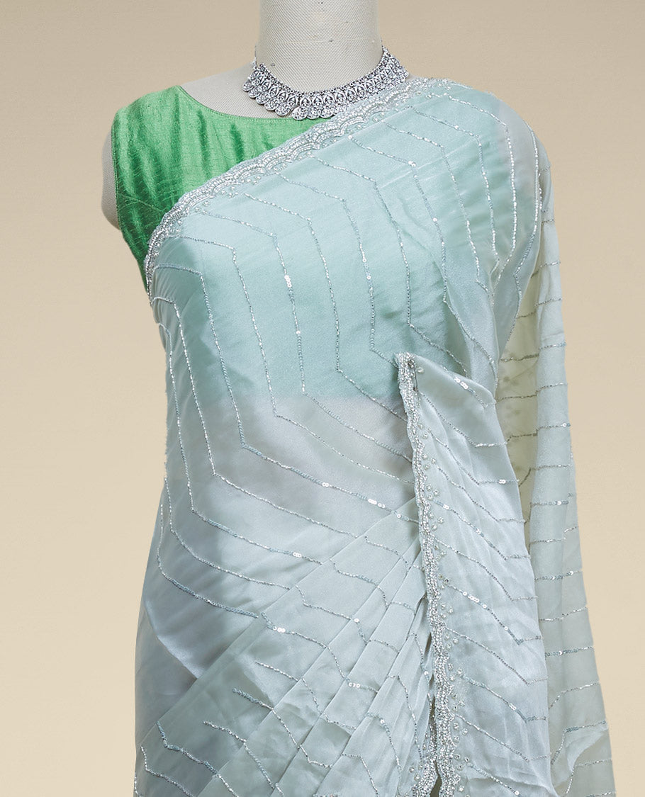 Blue sequins embroidered stripes motifs Jimmy Choo designer saree, scallop stone embroidered border