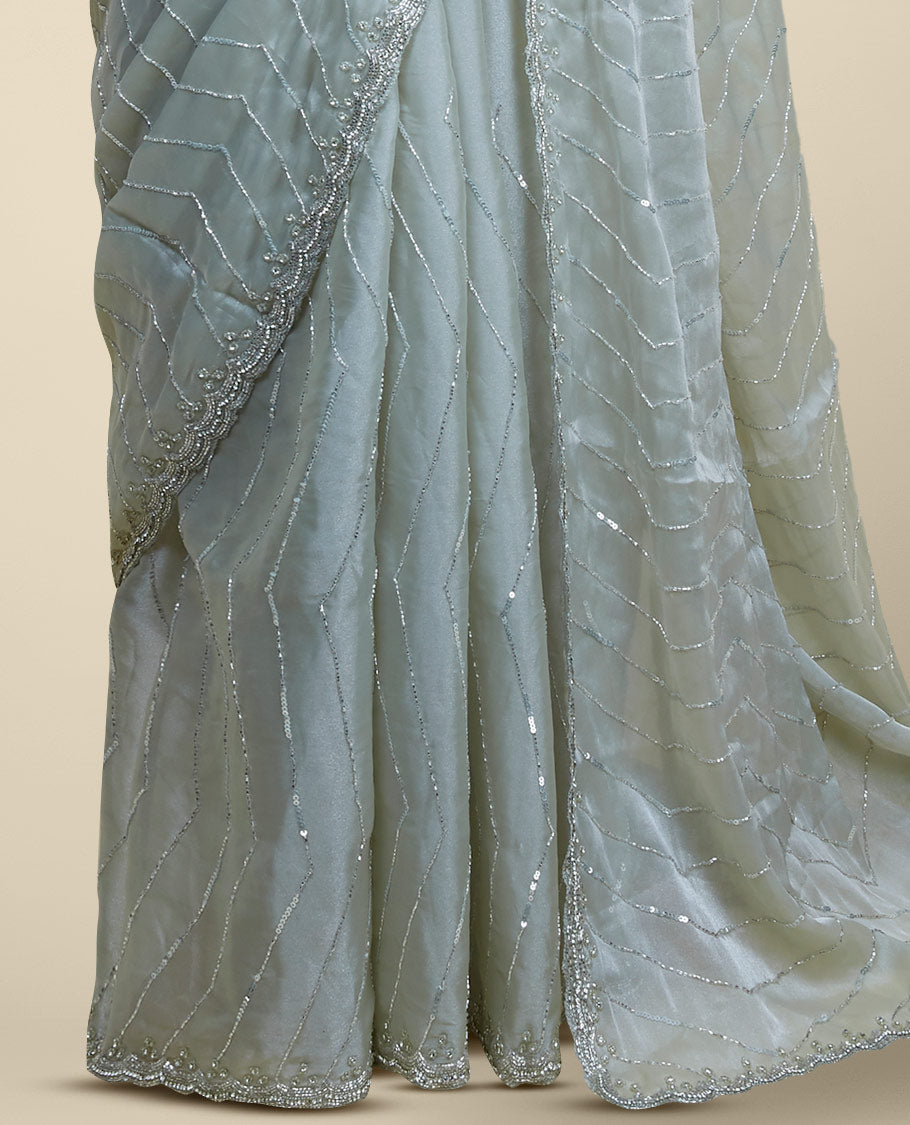 Blue sequins embroidered stripes motifs Jimmy Choo designer saree, scallop stone embroidered border