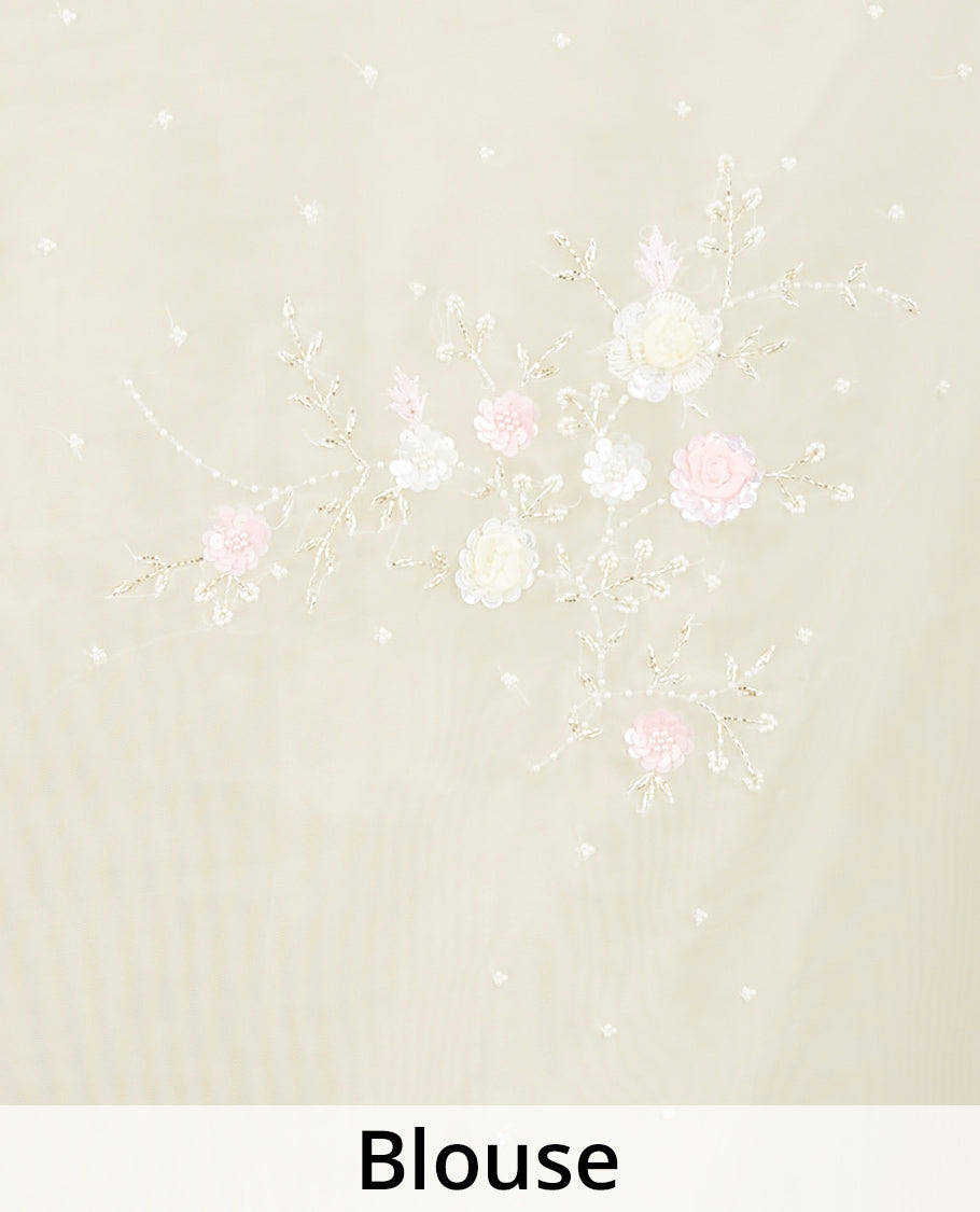 Cream floral vine embroidered organza saree, scallop floral vine embroidered border
