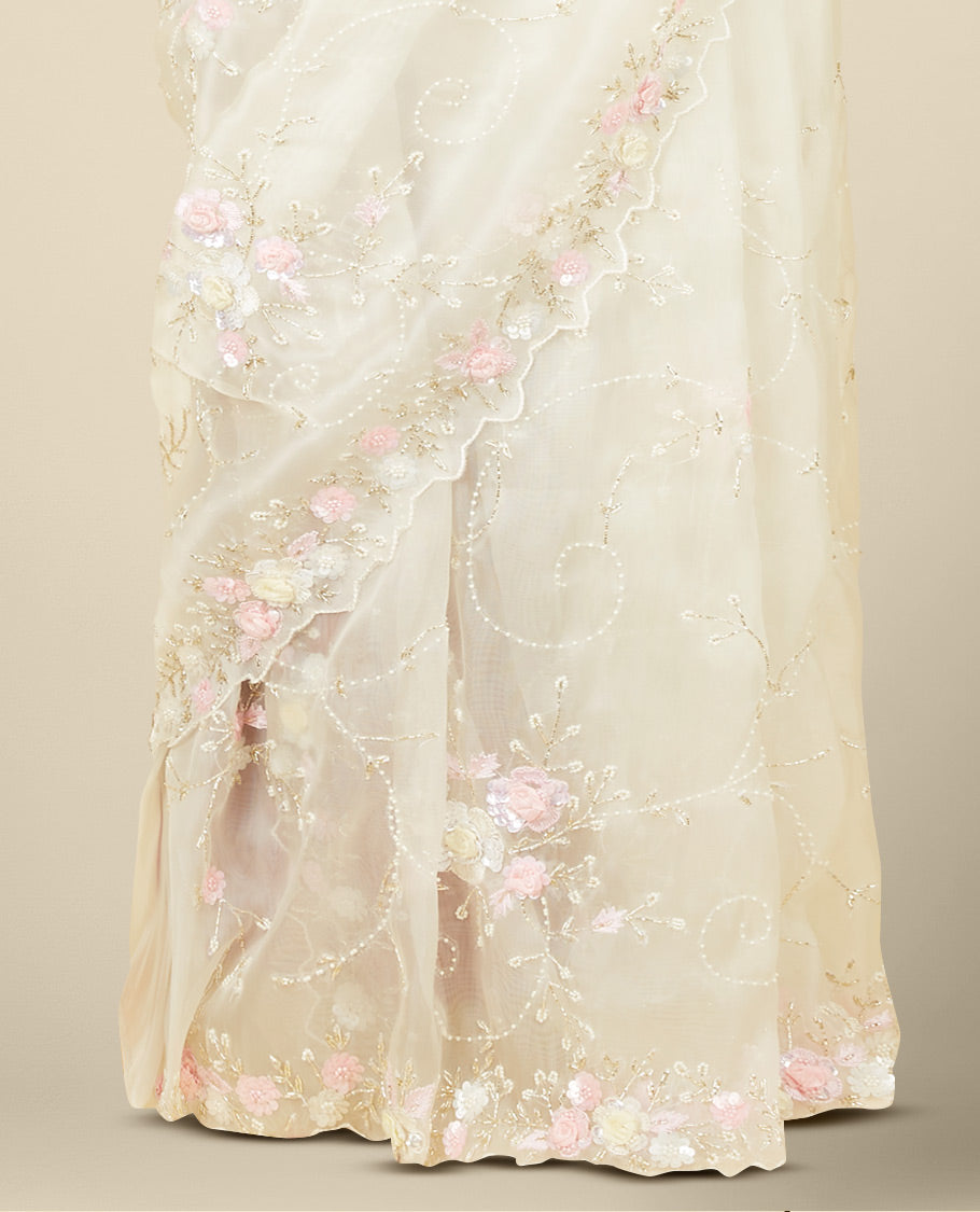 Cream floral vine embroidered organza saree, scallop floral vine embroidered border