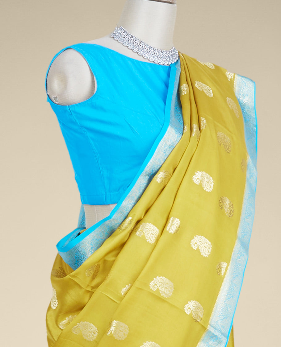 Gold paisley zari buttas mysore silksaree, contrast floral & paisley design zari border & pallu of intricate designs