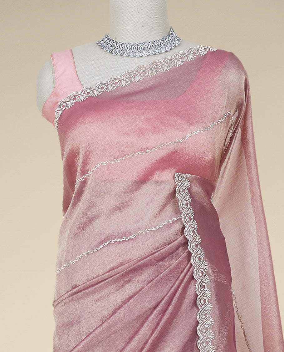 Pink stone embroidered Jimmy Choo designer saree, scallop stone embroidered border