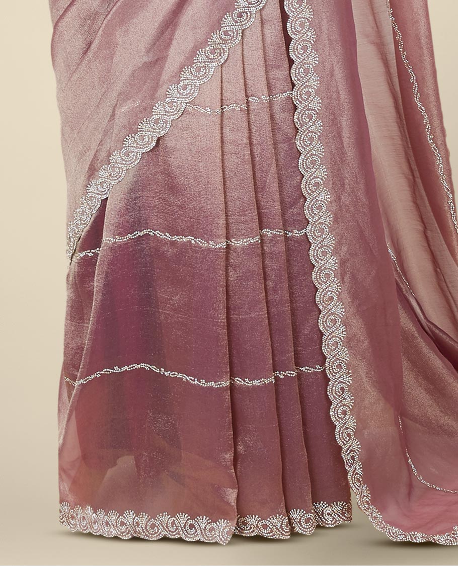 Pink stone embroidered Jimmy Choo designer saree, scallop stone embroidered border