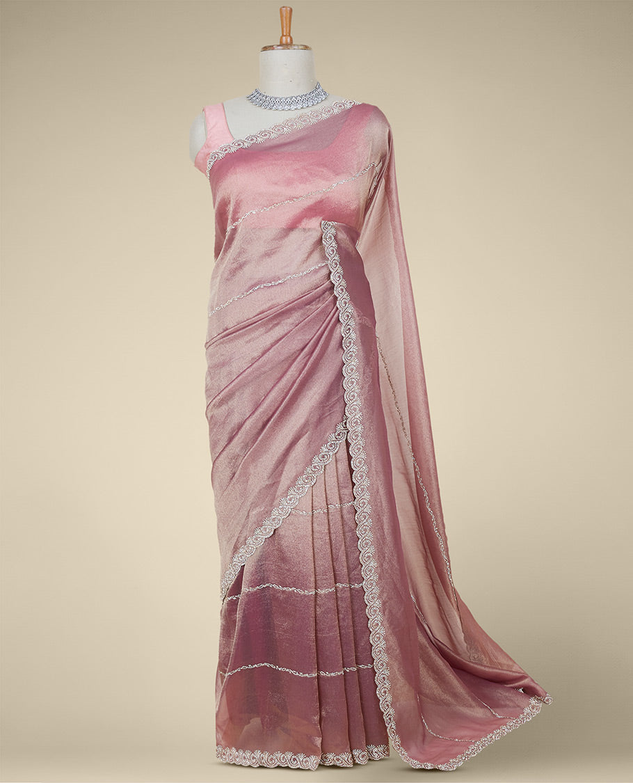 Pink stone embroidered Jimmy Choo designer saree, scallop stone embroidered border