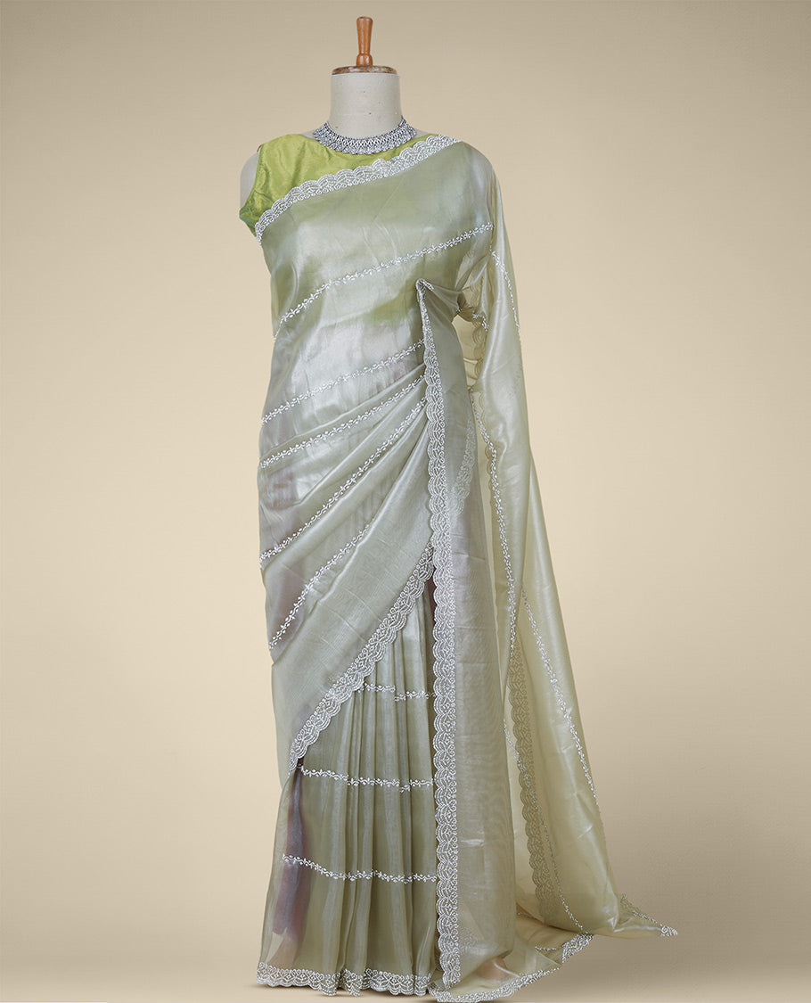 Pastel Green Embroidered & Stone Embellished Cut-Work Scalloped Saree main image 1
