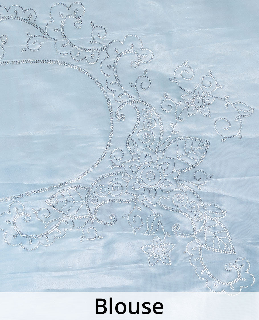 Baby blue stone embroidered Jimmy Choo designer saree, scallop stone embroidered border