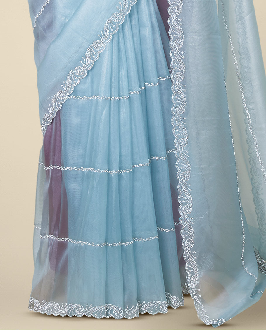 Baby blue stone embroidered Jimmy Choo designer saree, scallop stone embroidered border
