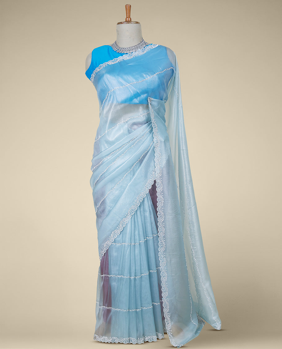 Baby blue stone embroidered Jimmy Choo designer saree, scallop stone embroidered border