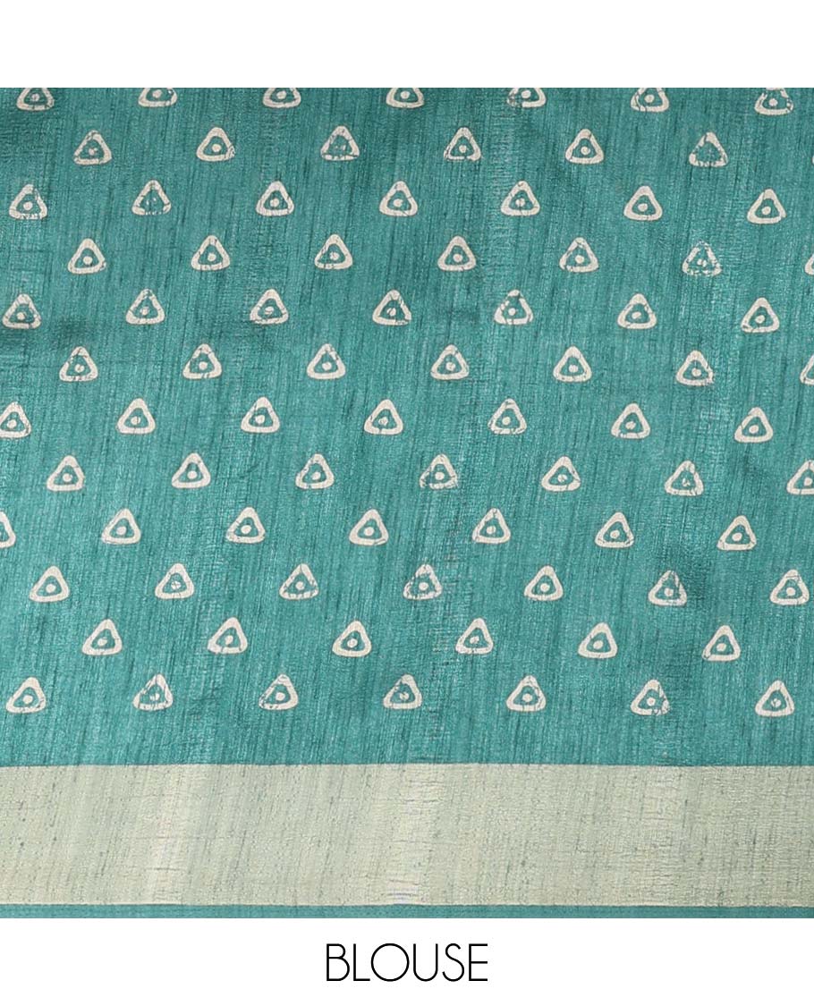 Green floral printed semi-banaras tussar saree, plain border & batik printed pallu