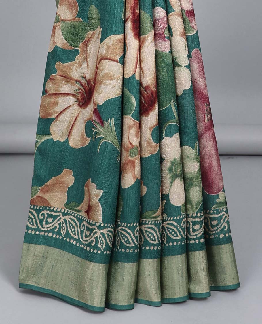 Green floral printed semi-banaras tussar saree, plain border & batik printed pallu