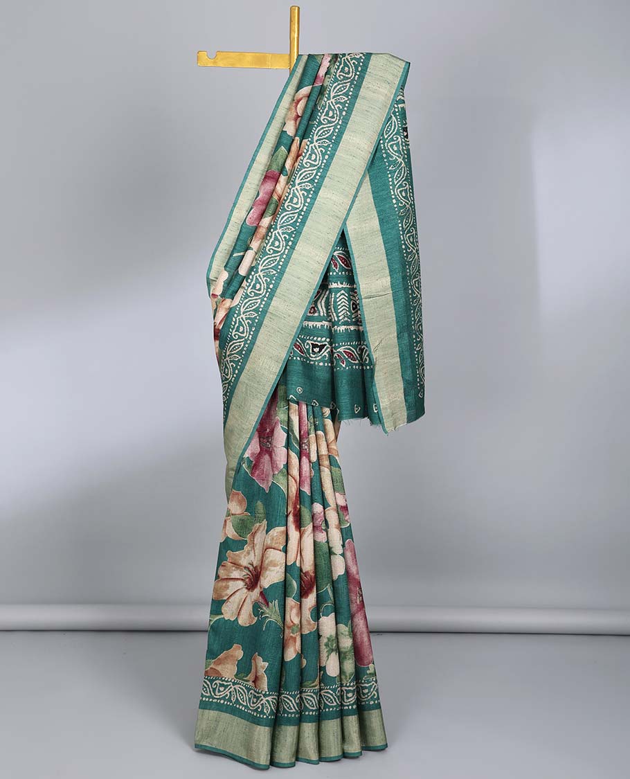 Green floral printed semi-banaras tussar saree, plain border & batik printed pallu