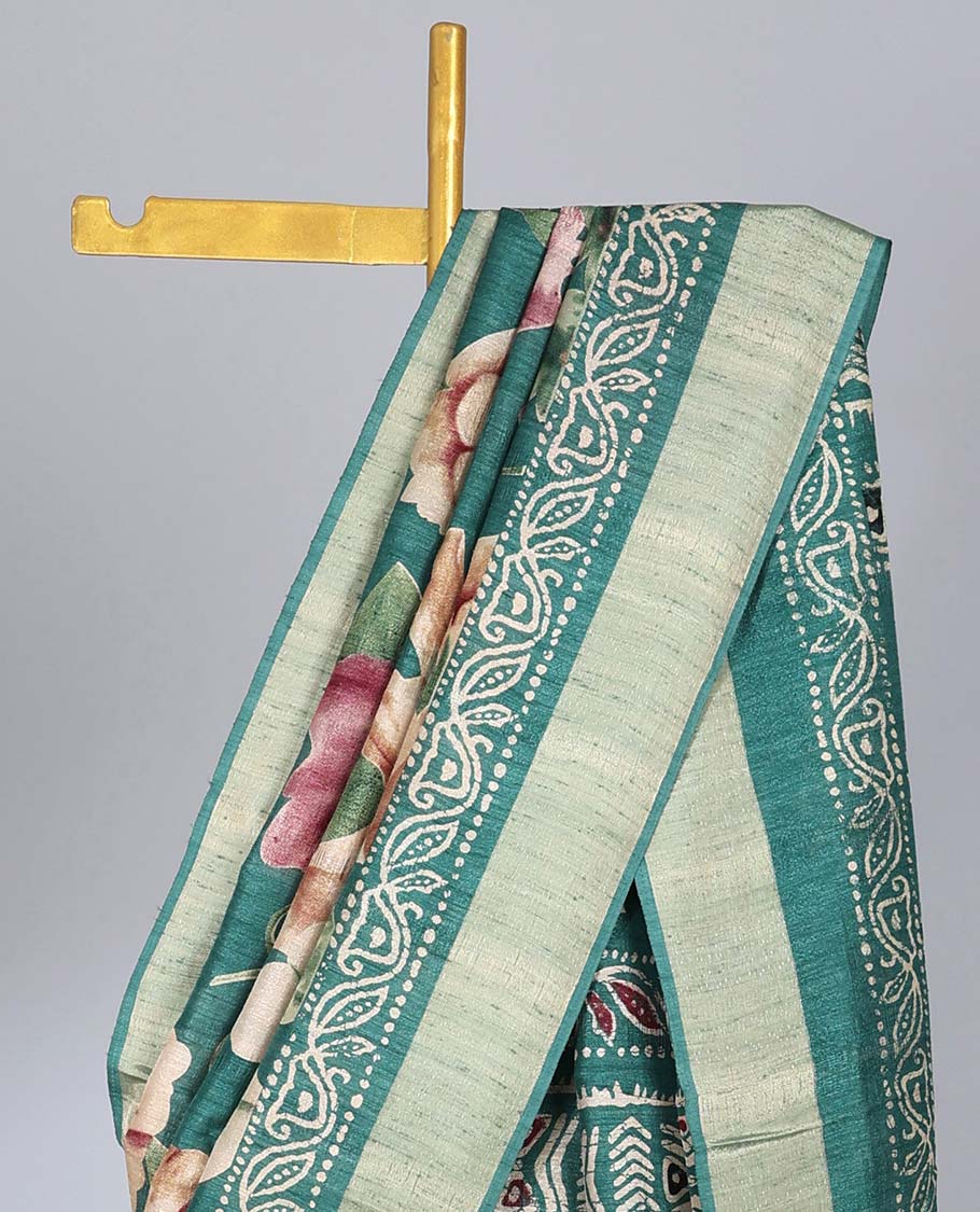 Green floral printed semi-banaras tussar saree, plain border & batik printed pallu