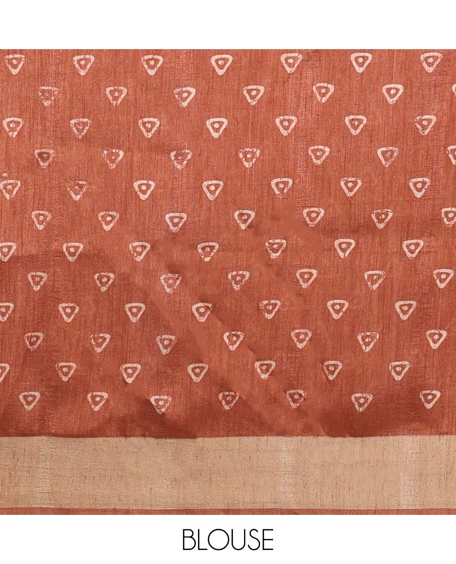 Brown floral printed semi-banaras tussar saree, plain border & batik printed pallu